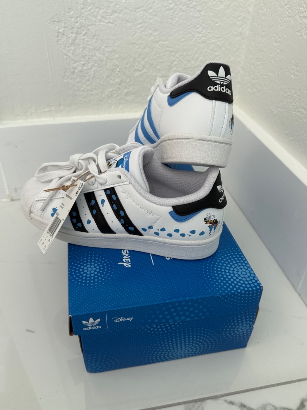 adidas Kids White Sneakers with Black Stripes and Blue Accents - Picture 3 of 4